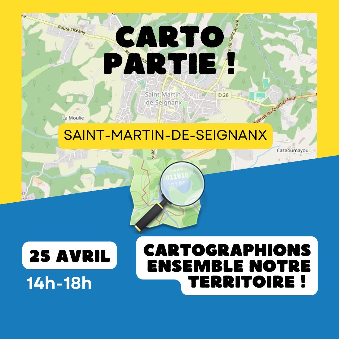 Extrait de carte de Saint-Martin-de-Seignanx composé d'une petite loupe et de la date du 25 avril.